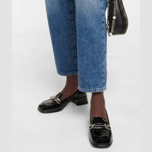 NWT Miu Miu Slip-on Loafers Black Patent Leather Chain-link Logo Low Block Heels
